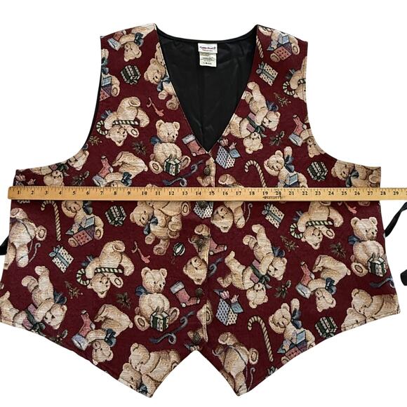 Bobbie Brooks Woman Christmas Teddy Bear Vest β Burgundy Tapestry Holiday Print - Picture 6 of 13